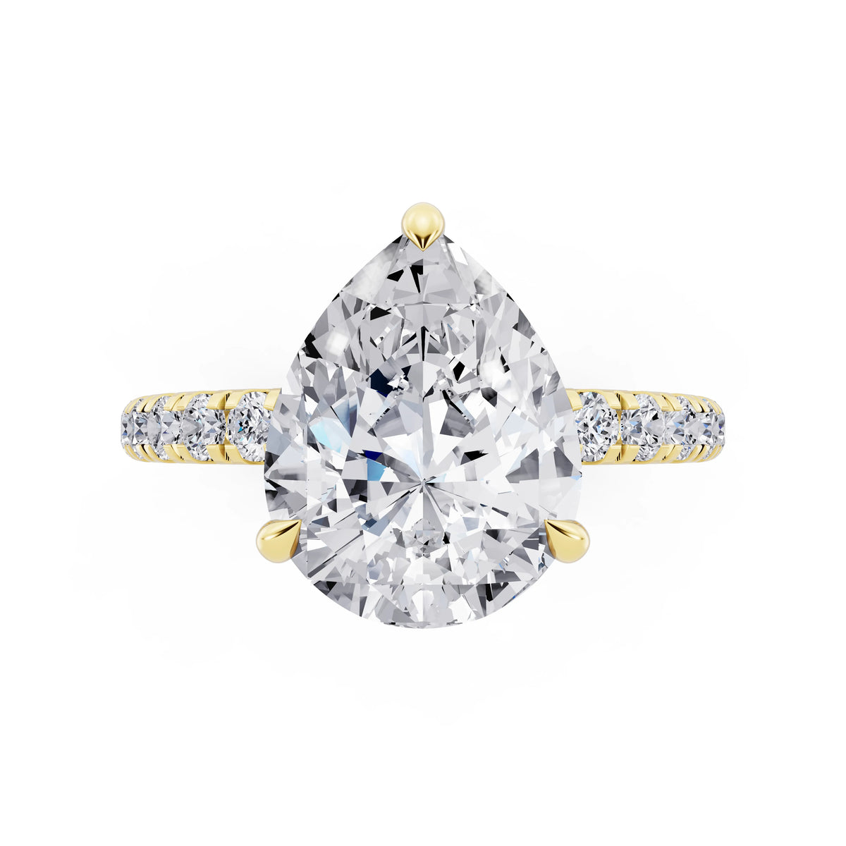 18 KT Yellow Gold Pear Cut Diamond Solitaire Ring with Hidden Halo and French Pave Band - top angle