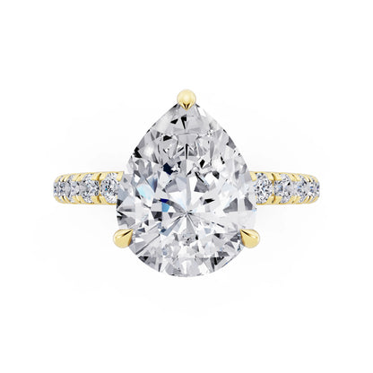 18 KT Yellow Gold Pear Cut Diamond Solitaire Ring with Hidden Halo and French Pave Band - top angle