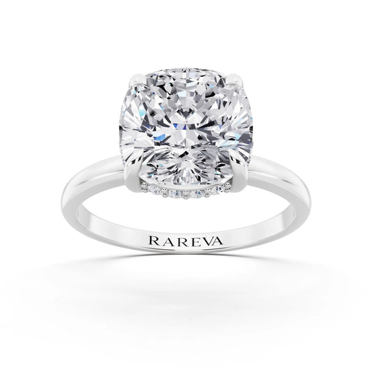 14 KT White Gold Cushion Cut Diamond Hidden Halo Solitaire Ring - front view
