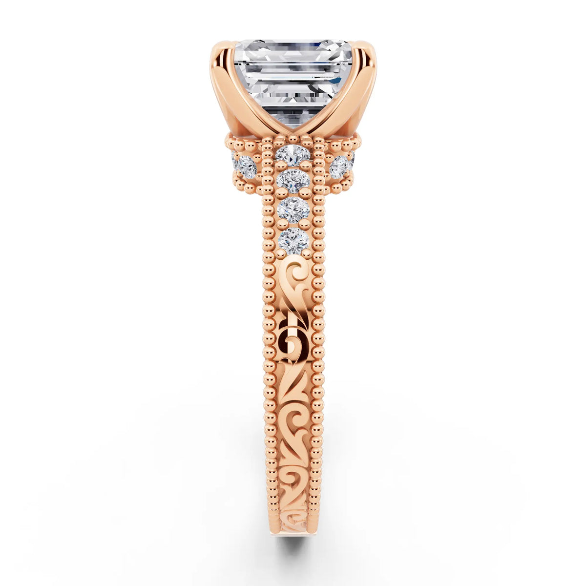 14 KT Rose Gold Asscher Cut Diamond Vintage - side view