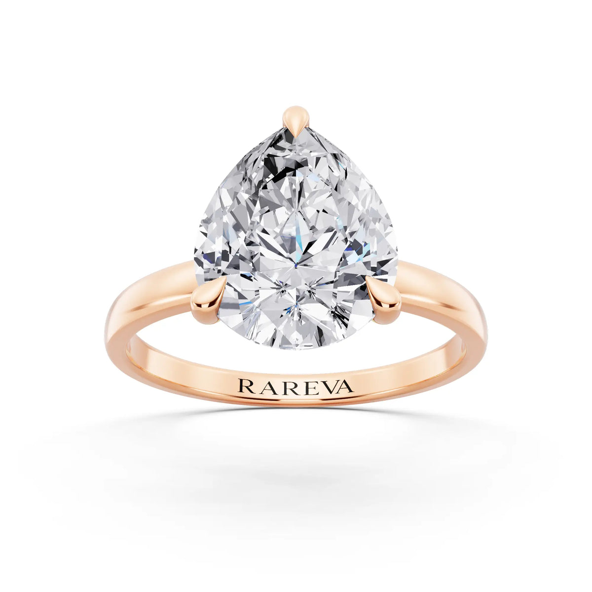 18 KT Rose Gold Pear Cut Diamond Solitaire Ring with Pave Collar - front view