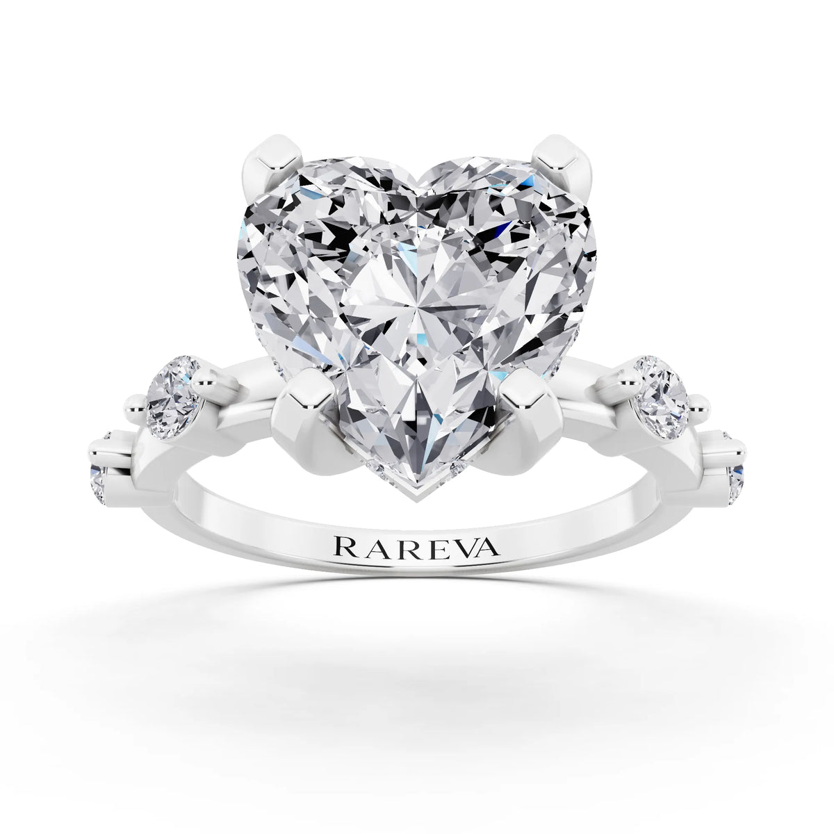 Platinum Heart Cut Diamond Solitaire Ring with Floating Diamond Accents - front view