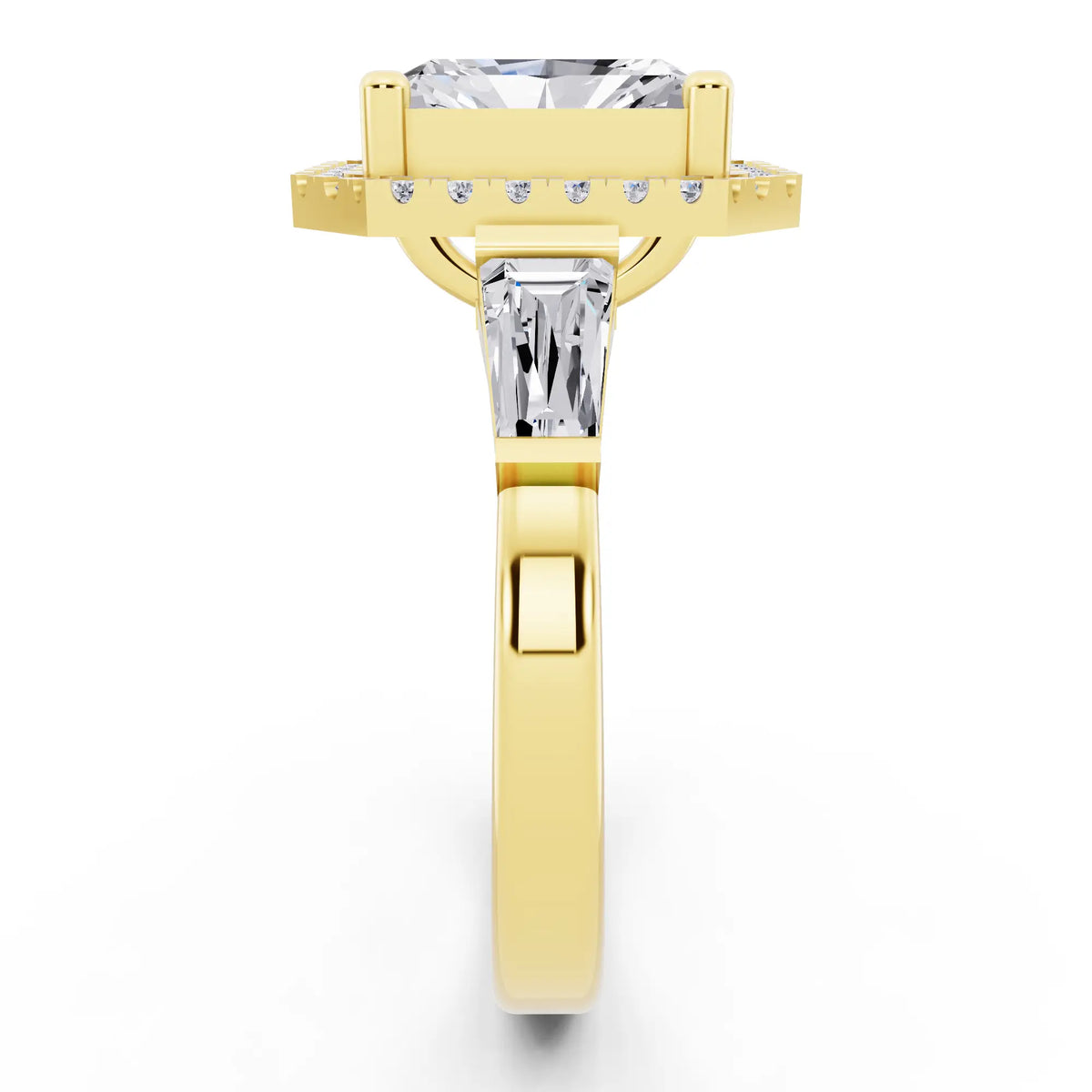 18 KT Yellow Gold Radiant Cut Diamond Halo Ring with Baguette Accents - side view