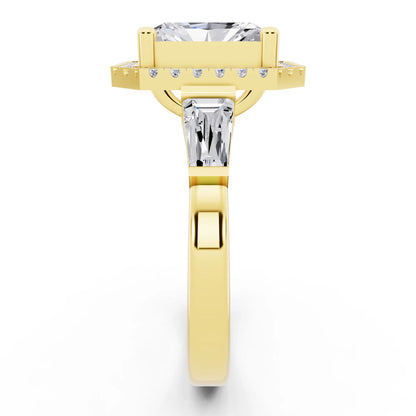 18 KT Yellow Gold Radiant Cut Diamond Halo Ring with Baguette Accents - side view