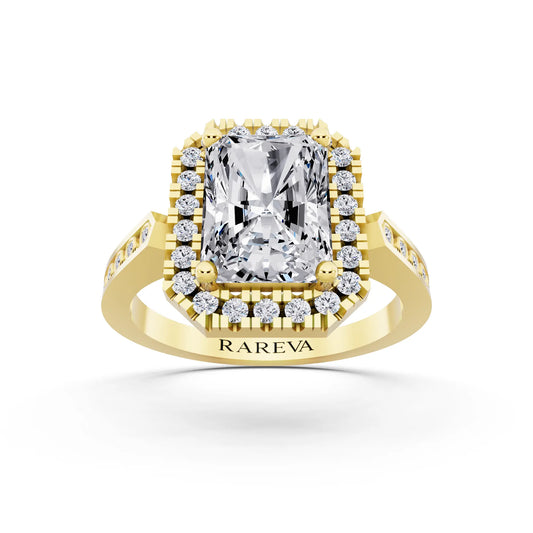 14 KT Yellow Gold Radiant Cut Diamond Halo Ring with Bezel Accent Band - front view