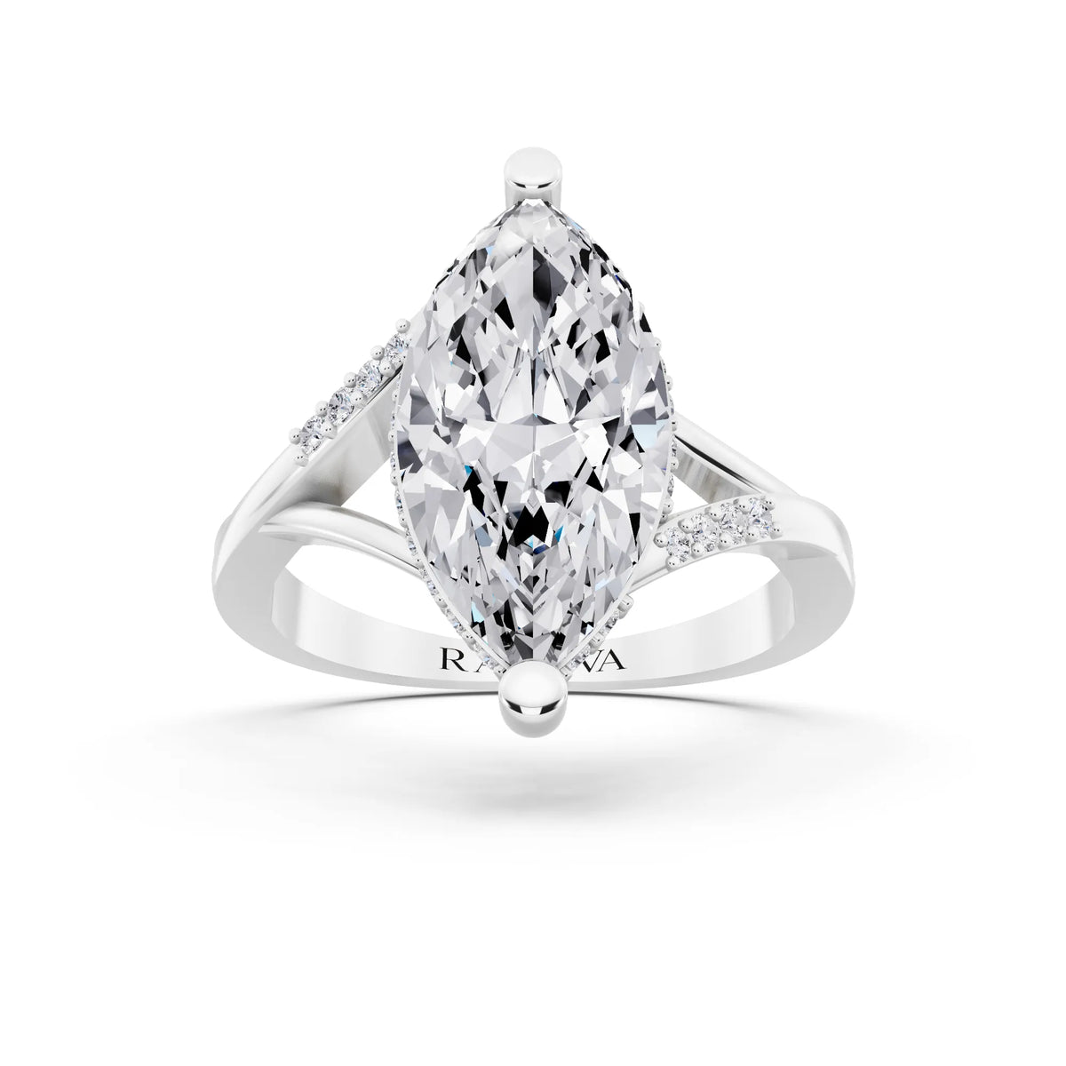 Platinum Marquise Cut Diamond Split Shank Engagement Ring with Hidden Halo - front view