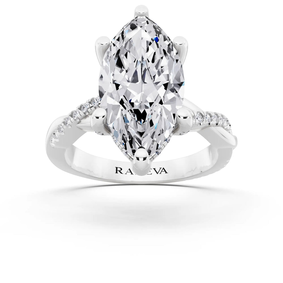 Platinum Marquise Cut Diamond Hidden Halo Ring with Twisted Pave Band - front view