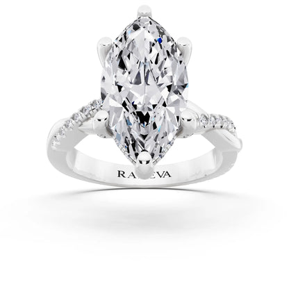 Platinum Marquise Cut Diamond Hidden Halo Ring with Twisted Pave Band - front view