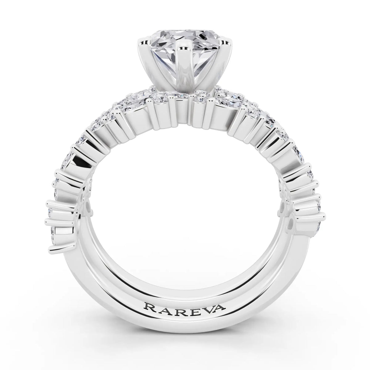 18 KT White Gold Marquise Cut Diamond Ring with Marquise Cluster Band - through finger