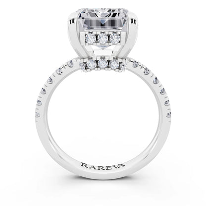 Platinum Emerald Cut Diamond Hidden Halo Tiger Prong Pave Band Ring - through finger