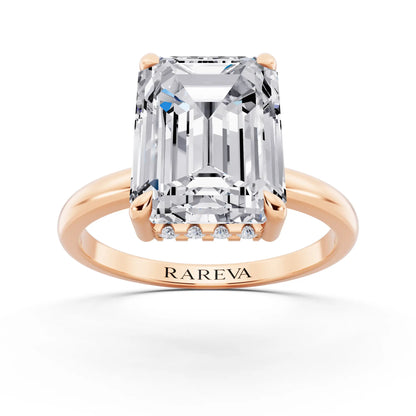 14 KT Rose Gold Emerald Cut Diamond Solitaire Ring with Hidden Halo - front view
