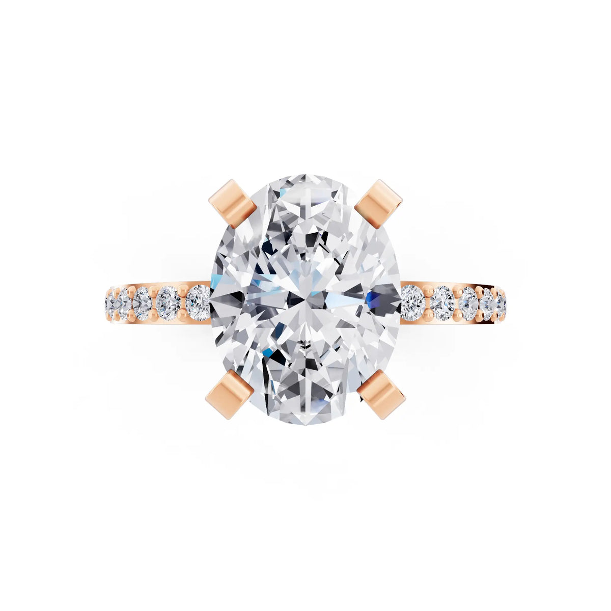 14 KT Rose Gold Oval Cut Diamond Solitaire Ring with Pave Shank - top angle