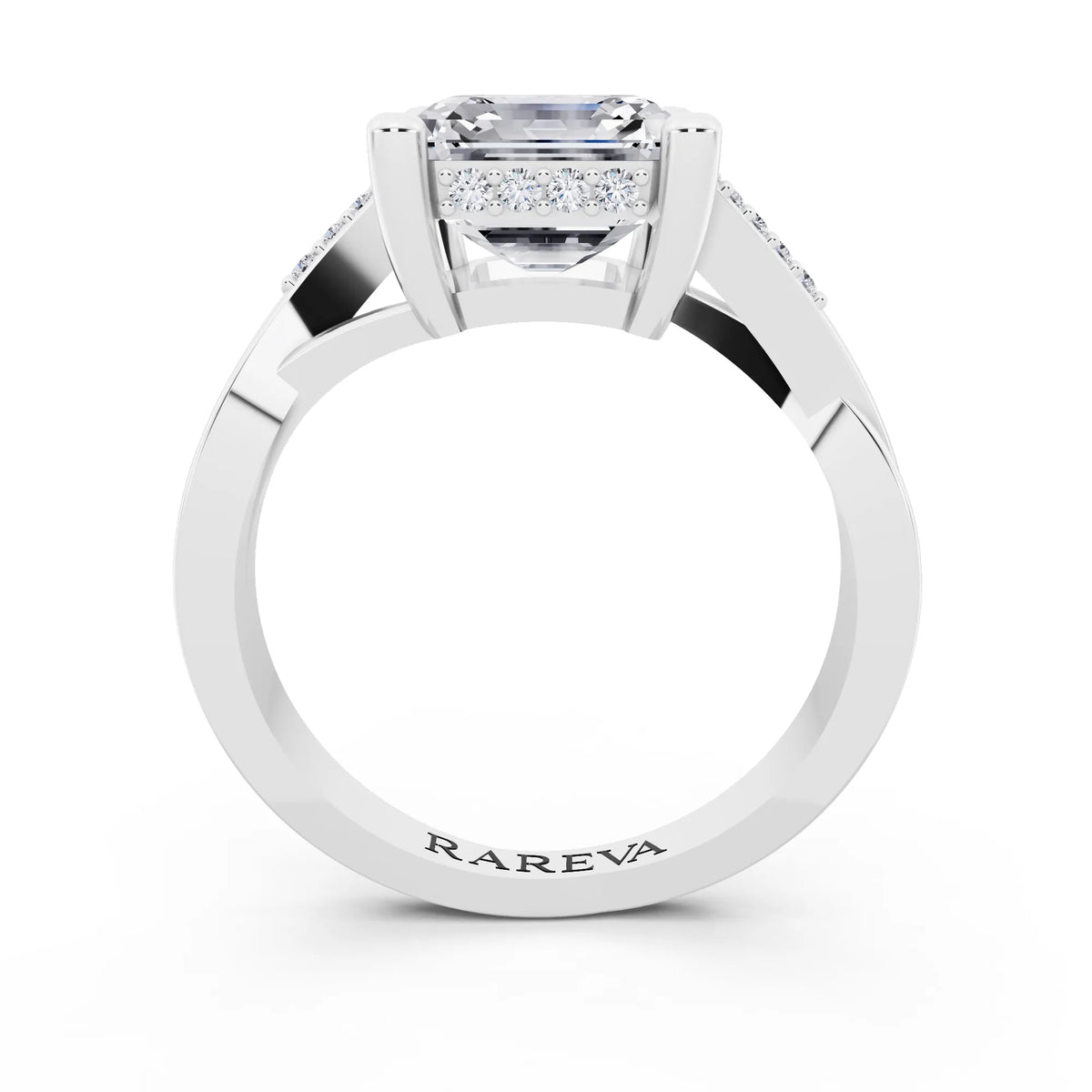 18 KT White Gold Asscher Cut Diamond Split Shank Engagement Ring with Hidden Halo - through finger