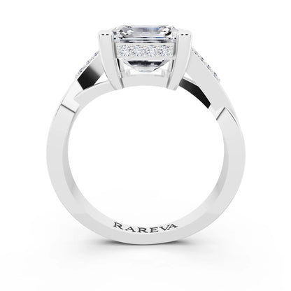 18 KT White Gold Asscher Cut Diamond Split Shank Engagement Ring with Hidden Halo - through finger