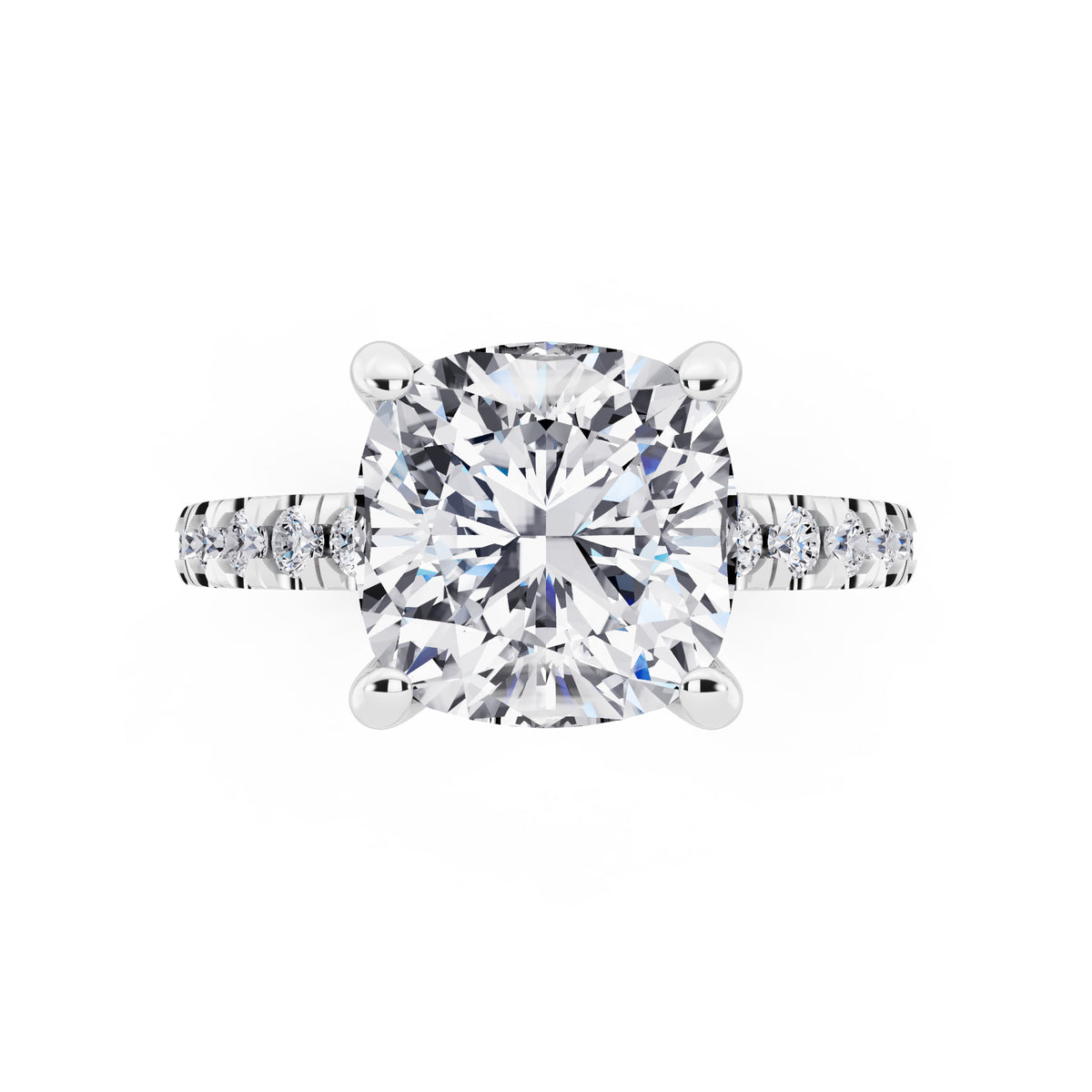 Platinum Cushion Cut Diamond Hidden Halo Ring with Pave Shank - top angle