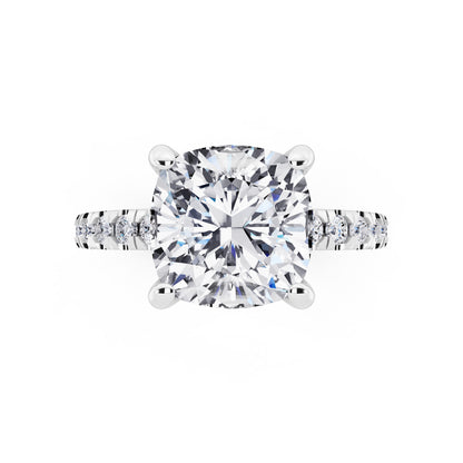 Platinum Cushion Cut Diamond Hidden Halo Ring with Pave Shank - top angle