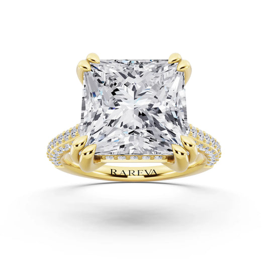 14 KT Yellow Gold Princess Cut Diamond Hidden Halo Double Claw Pave Band Ring - front view