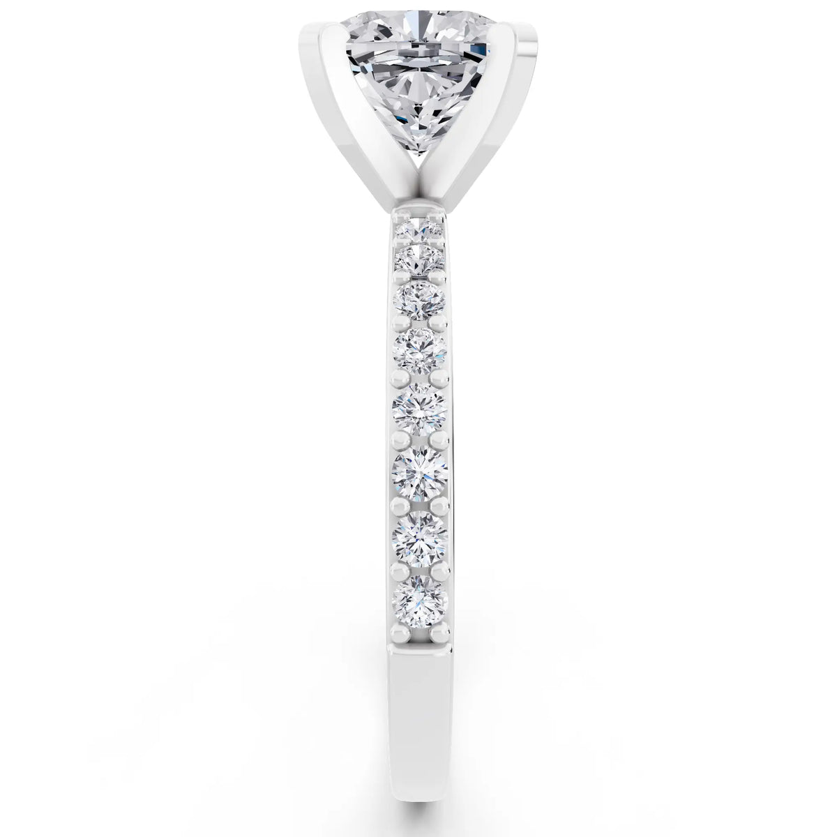 Platinum Cushion Cut Diamond Solitaire Ring with Pave Shank - side view