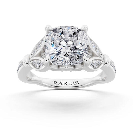 14 KT White Gold Cushion Cut Diamond Ring with Lotus Collar - front view