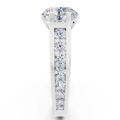 Platinum Round Cut Diamond Solitaire Ring with Graduated Channel Band - Side view