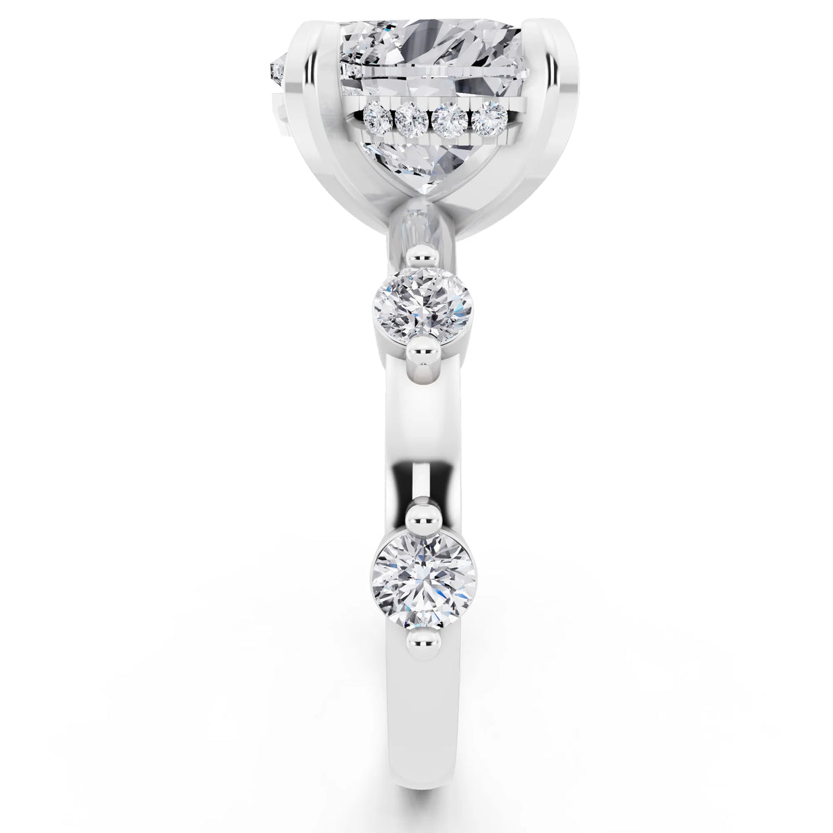 18 KT White Gold Heart Cut Diamond Solitaire Ring with Floating Diamond Accents - side view