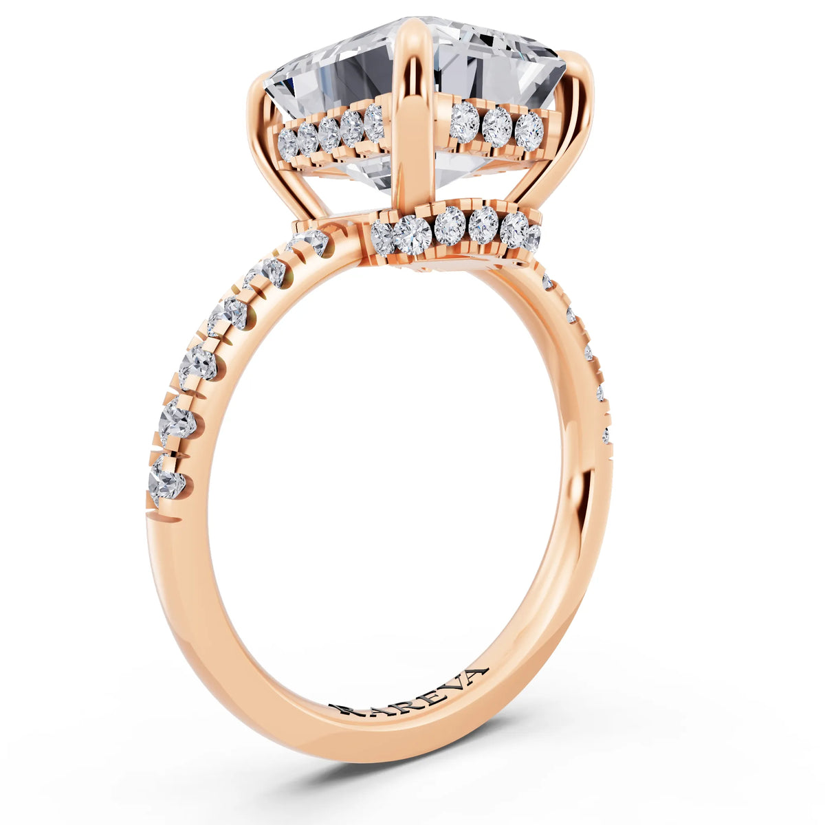 14 KT Rose Gold Emerald Cut Diamond Hidden Halo Tiger Prong Pave Band Ring - top view