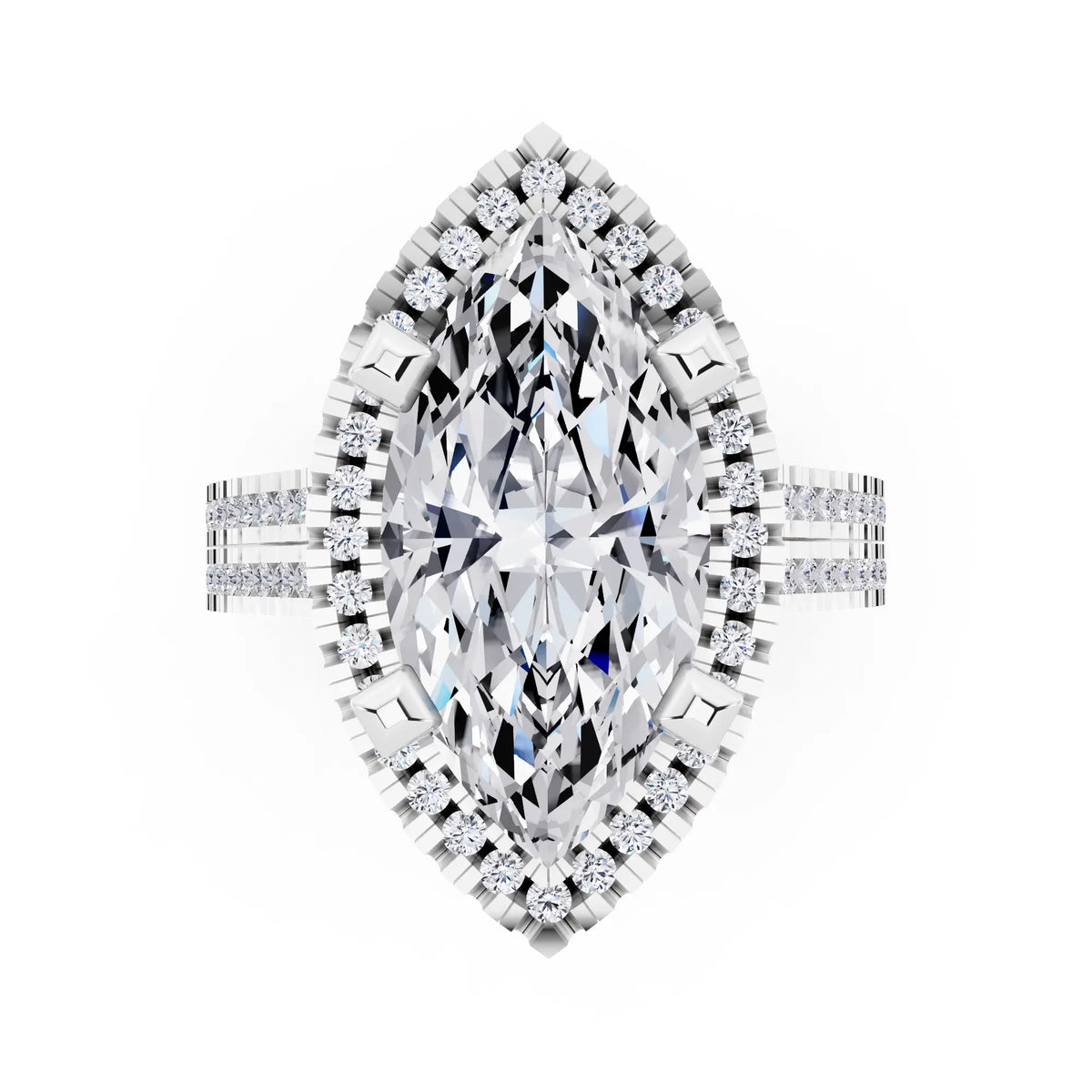 Platinum Marquise Cut Diamond Halo Ring with Twin Pave Band - top angle