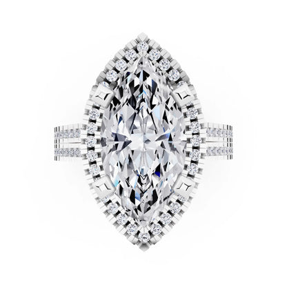 Platinum Marquise Cut Diamond Halo Ring with Twin Pave Band - top angle