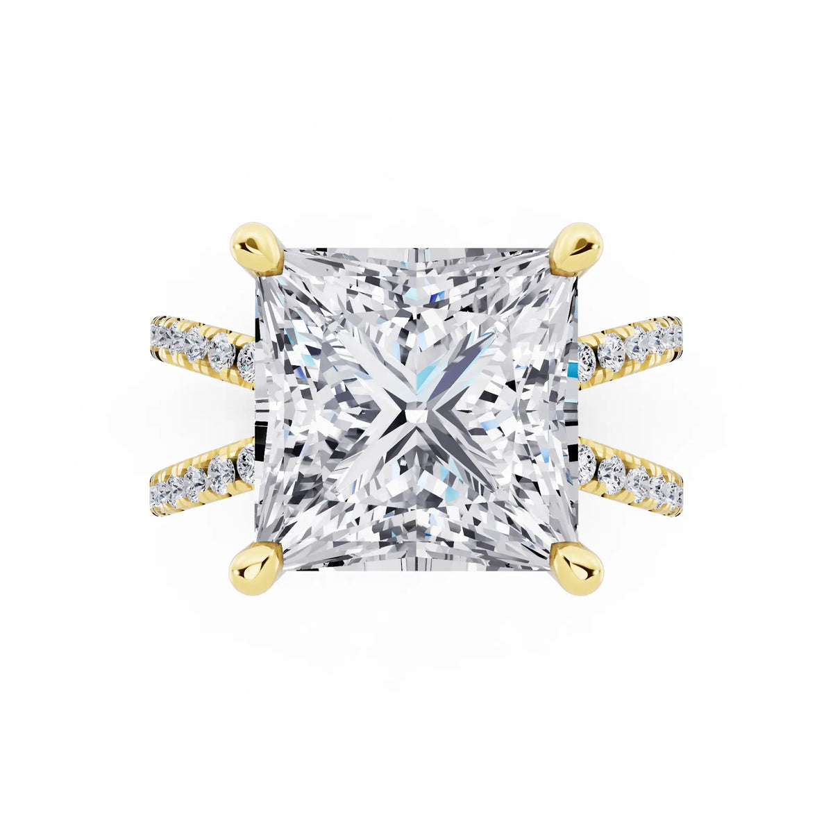 14 KT Yellow Gold Princess Cut Diamond Ring with Twisted Split Shank - top angle
