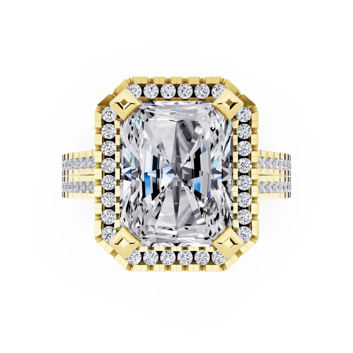 14 KT Yellow Gold Radiant Cut Diamond Halo Ring with Twin Pave Band - top angle