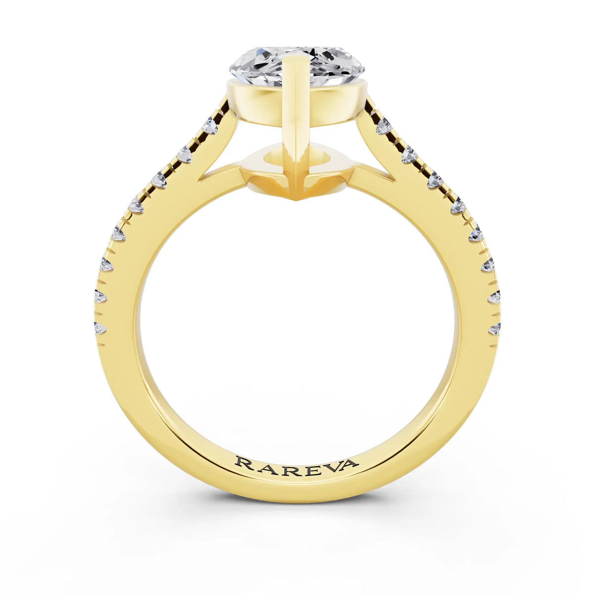 14 KT Yellow Gold Marquise Cut Diamond Claw Prong Solitaire Ring with French Pave Band - through finger