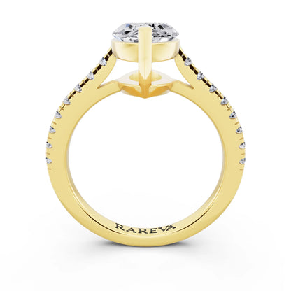 14 KT Yellow Gold Marquise Cut Diamond Claw Prong Solitaire Ring with French Pave Band - through finger