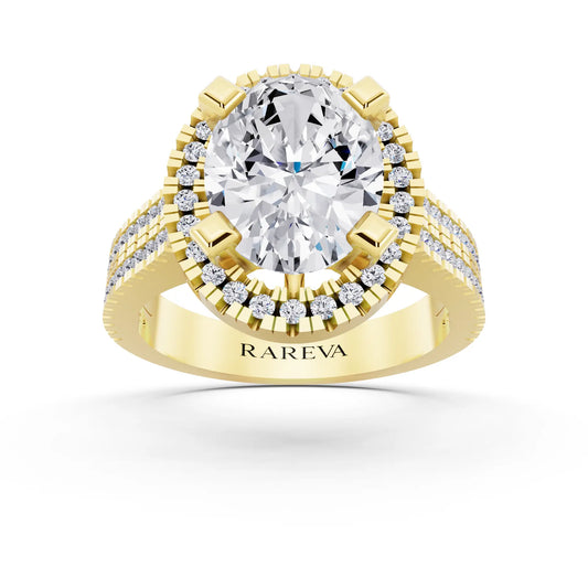 18 KT Yellow Gold Oval Cut Diamond Halo Ring with Twin Pave Band - front view