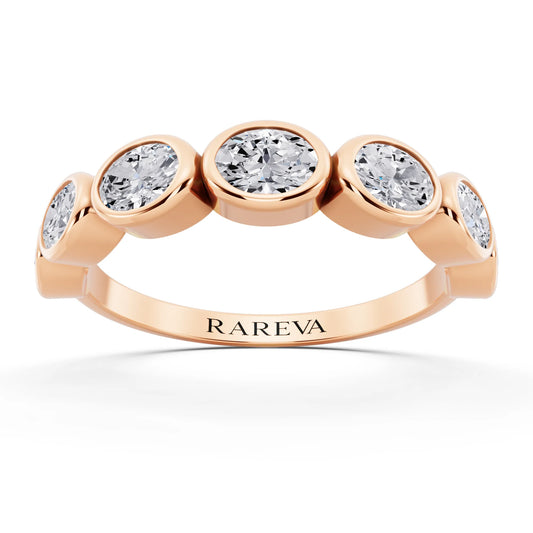 14K Rose Gold Seven Stone Oval Cut Bezel Set Diamond Half Eternity Wedding Band - 2mm - Front