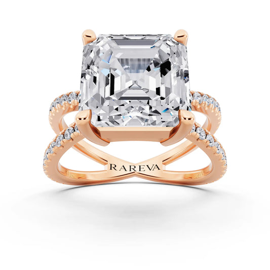 18 KT Rose Gold Asscher Cut Diamond Ring with Twisted Split Shank - front view