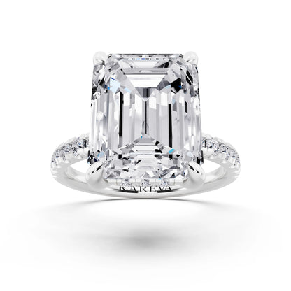 18 KT White Gold Emerald Cut Diamond Hidden Halo Tiger Prong Pave Band Ring - front view