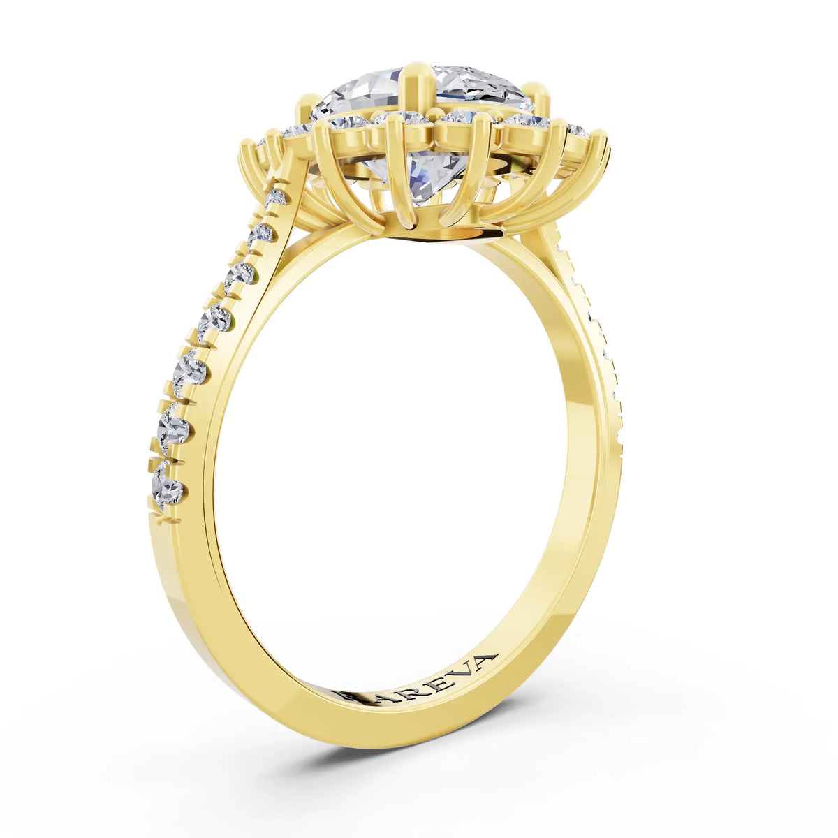 18 KT Yellow Gold Oval Cut Diamond Floral Halo Ring with Pave Band - Top view