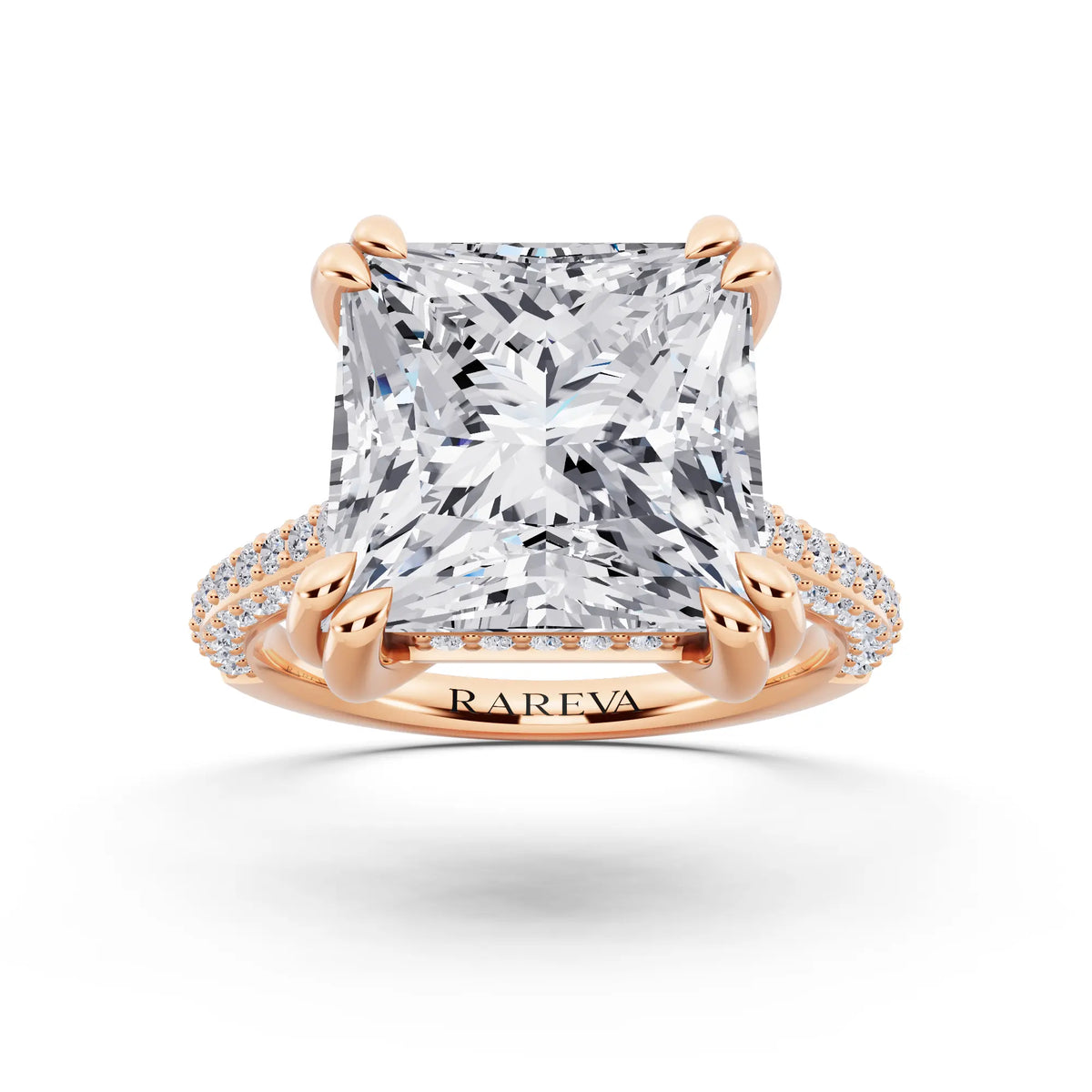 14 KT Rose Gold Princess Cut Diamond Hidden Halo Double Claw Pave Band Ring - front view