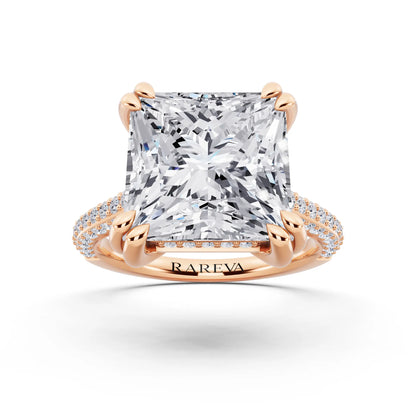 14 KT Rose Gold Princess Cut Diamond Hidden Halo Double Claw Pave Band Ring - front view