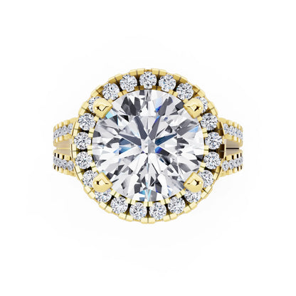 18 KT Yellow Gold Round Cut Diamond Halo Ring with Pave Split Shank - top angle