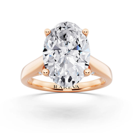 18 KT Rose Gold Oval Cut Diamond Solitaire Ring with Hidden Accent - front view