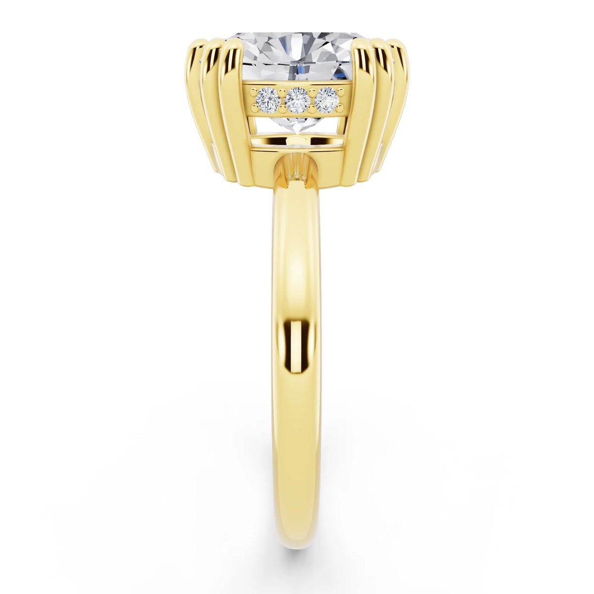 18 KT Yellow Gold Oval Cut Diamond Solitaire Ring with Hidden Accent Basket - side view