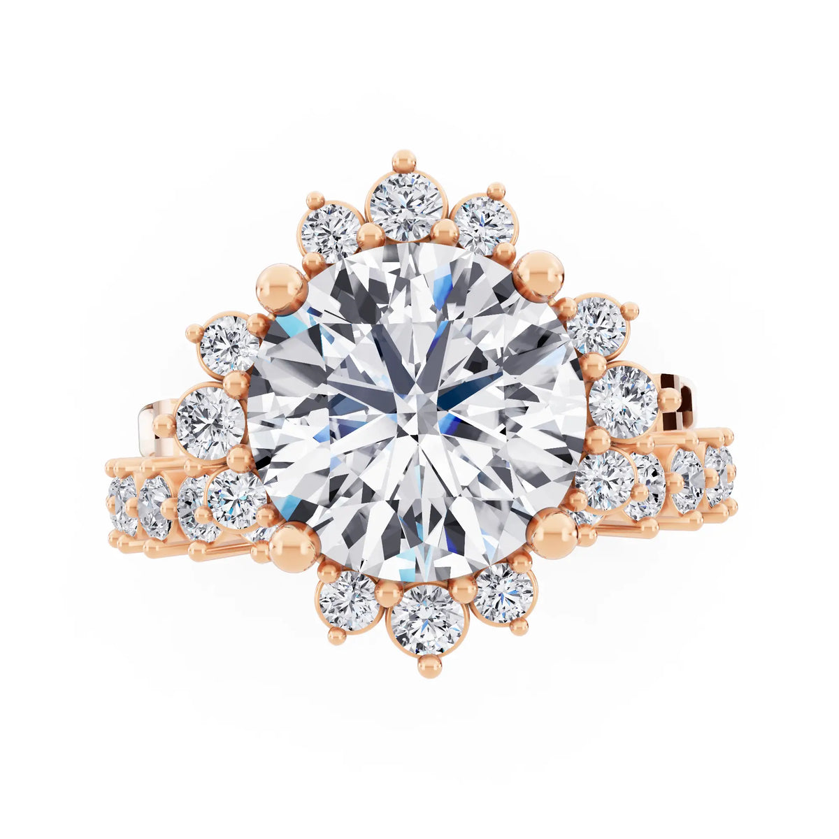 14 KT Rose Gold Round Cut Diamond Sunburst Halo Ring with Graduated Band - Top down
