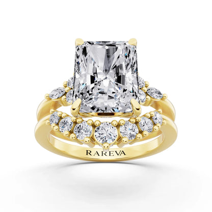 18 KT Yellow Gold Radiant Cut Diamond Ring with Curved Cluster Band - front view