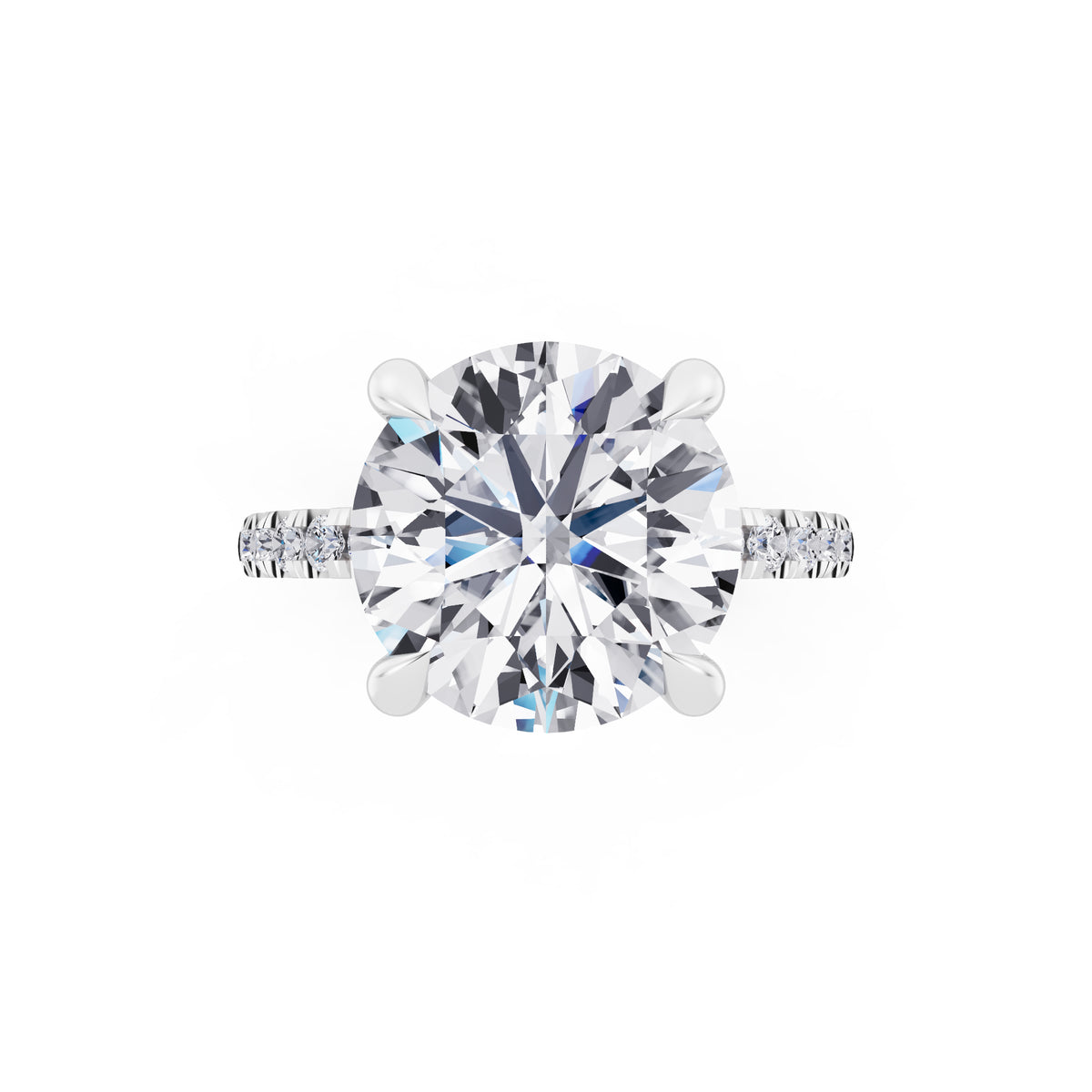 18 KT White Gold Round Cut Diamond Solitaire Ring with Round Pavé Band and Prong Setting - top angle