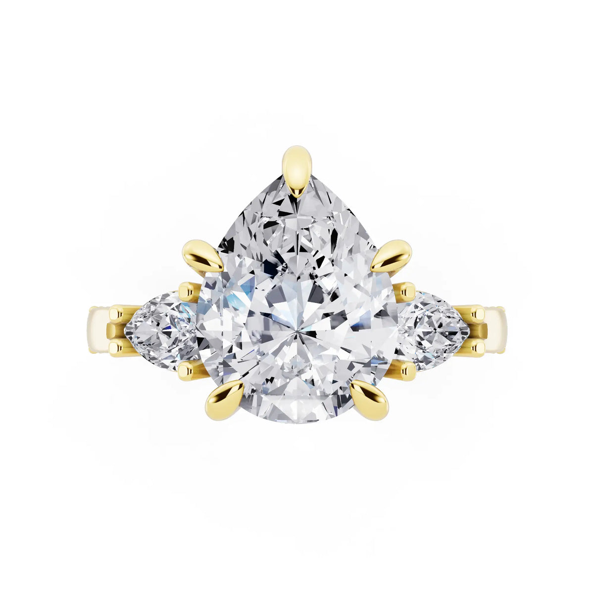 18 KT Yellow Gold Pear Cut Diamond Three Stone Pear Accent Vintage Pave Ring - top angle