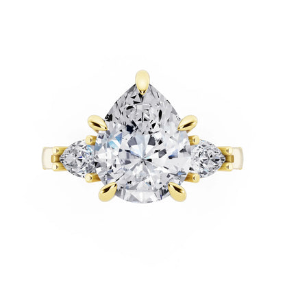 18 KT Yellow Gold Pear Cut Diamond Three Stone Pear Accent Vintage Pave Ring - top angle