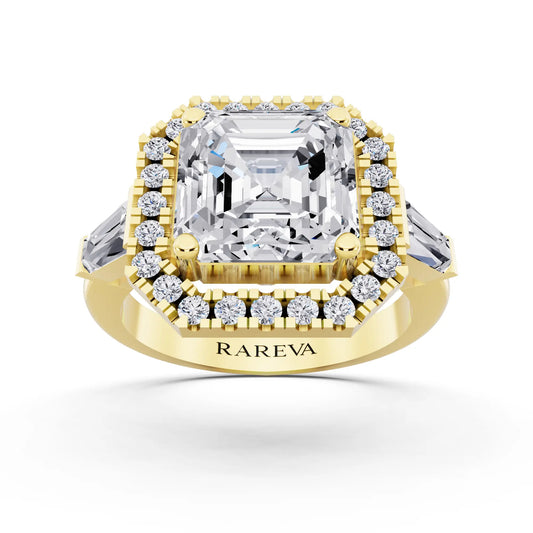 18 KT Yellow Gold Asscher Cut Diamond Halo Ring with Baguette Accents - front view