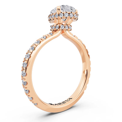 18 KT Rose Gold Pear Cut Diamond Hidden Halo Ring with Pave Band - top view