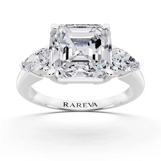 18 KT White Gold Asscher Cut Diamond Three Stone Pear Accent Ring - front view
